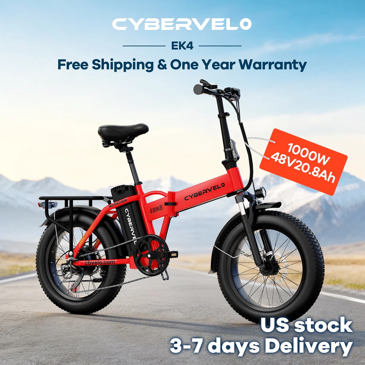 1000W Electric Bike for Adults Cybervelo EK4 Folding 48V 20Ah 30+MPH 80Miles 20" Fat Tire 7-Speed Off Road E-bike