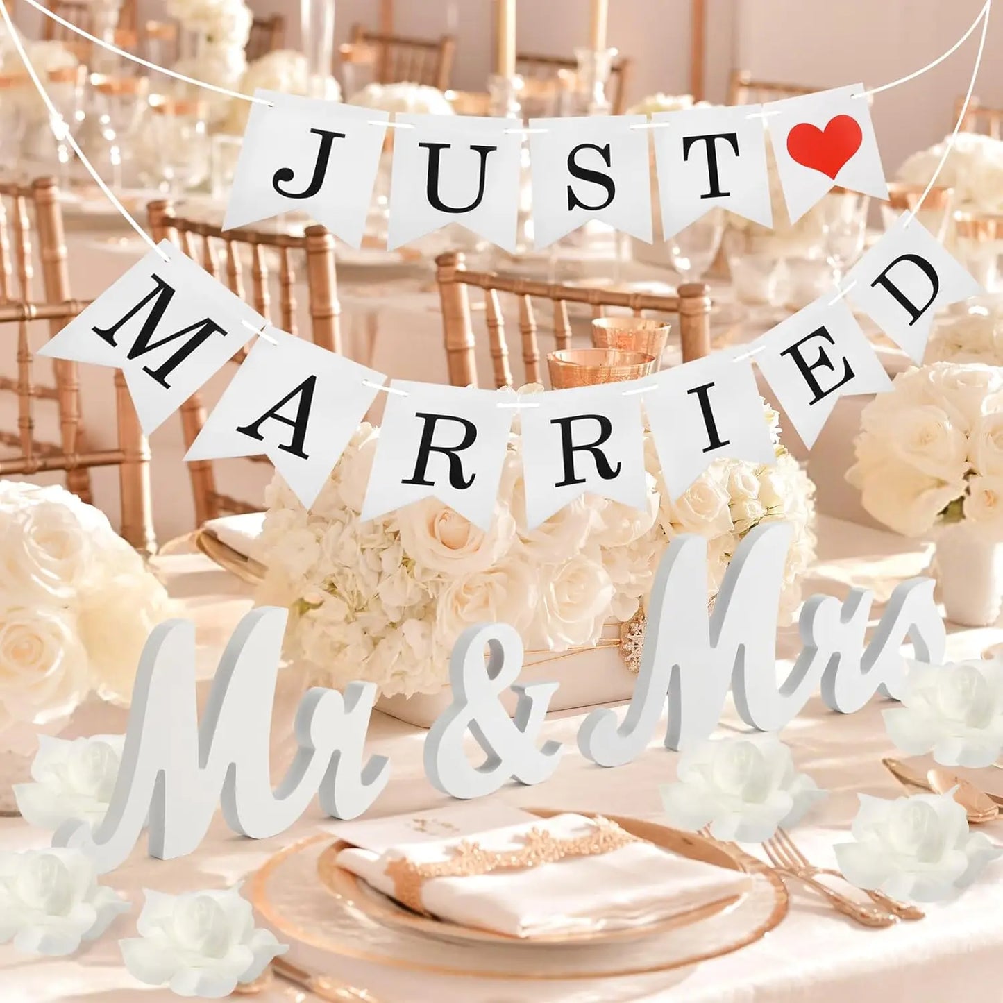 Mr and Mrs Sign for Wedding Party Table, Wedding Decorations for Reception (White with Banner) (White)
