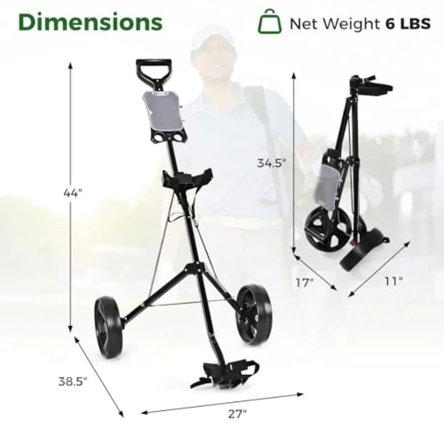 Golf Push Cart Folding Push Pull Golf Cart Trolley with 2 Wheels for Golf Club Bag Collapsible Golf Push Cart with Fo