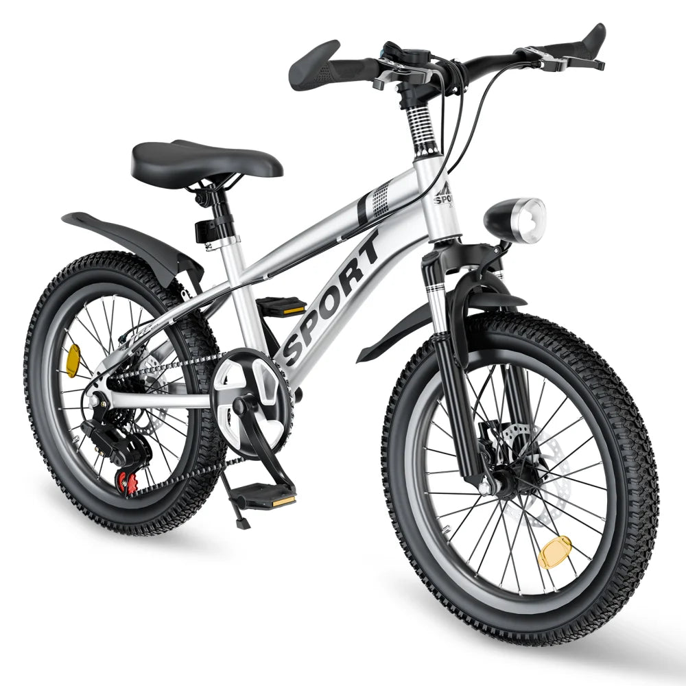 20 Inch Kids Mountain Bike for Boys & Girls Ages 7-12 – 7-Speed Gears, Dual Disc Brakes, Shock Absorber Front Fork, LED Light – Silver & Pink