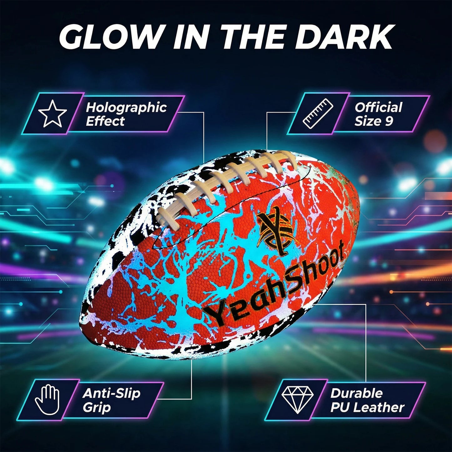 New Holographic Reflective Football Size 9-Glow in The Dark Premium American Football with Stunning Luminous Rugby Durable Grip