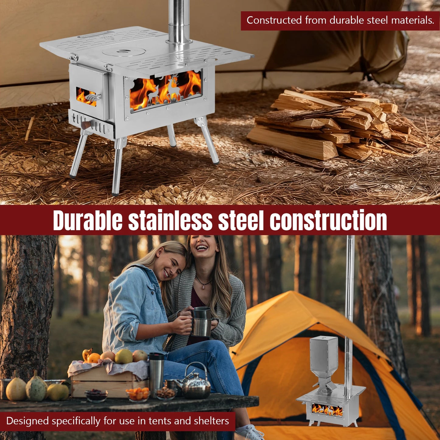 Compact Tent Stove with Stainless Steel Construction Chimney Pipes Included for Outdoor Heating & Cooking Ice Fishing Hunting
