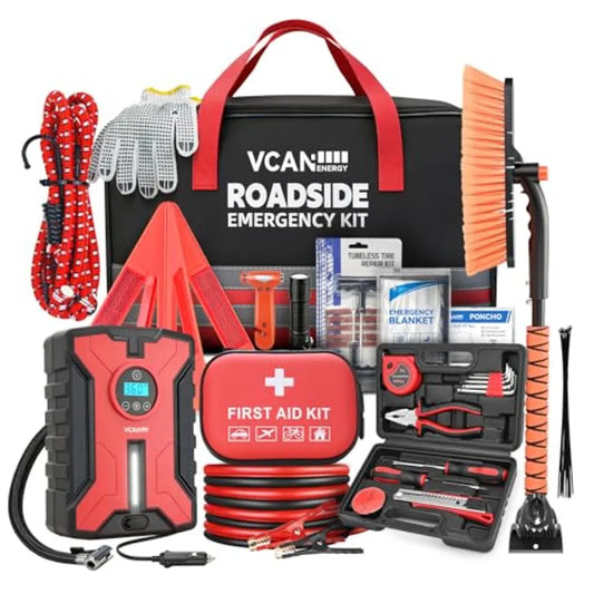 Car Emergency Safety Kit Bag with Portable Air Compressor Jumper Cables First Aid Kit Winter Vehicle Roadside Emergency Kit wit