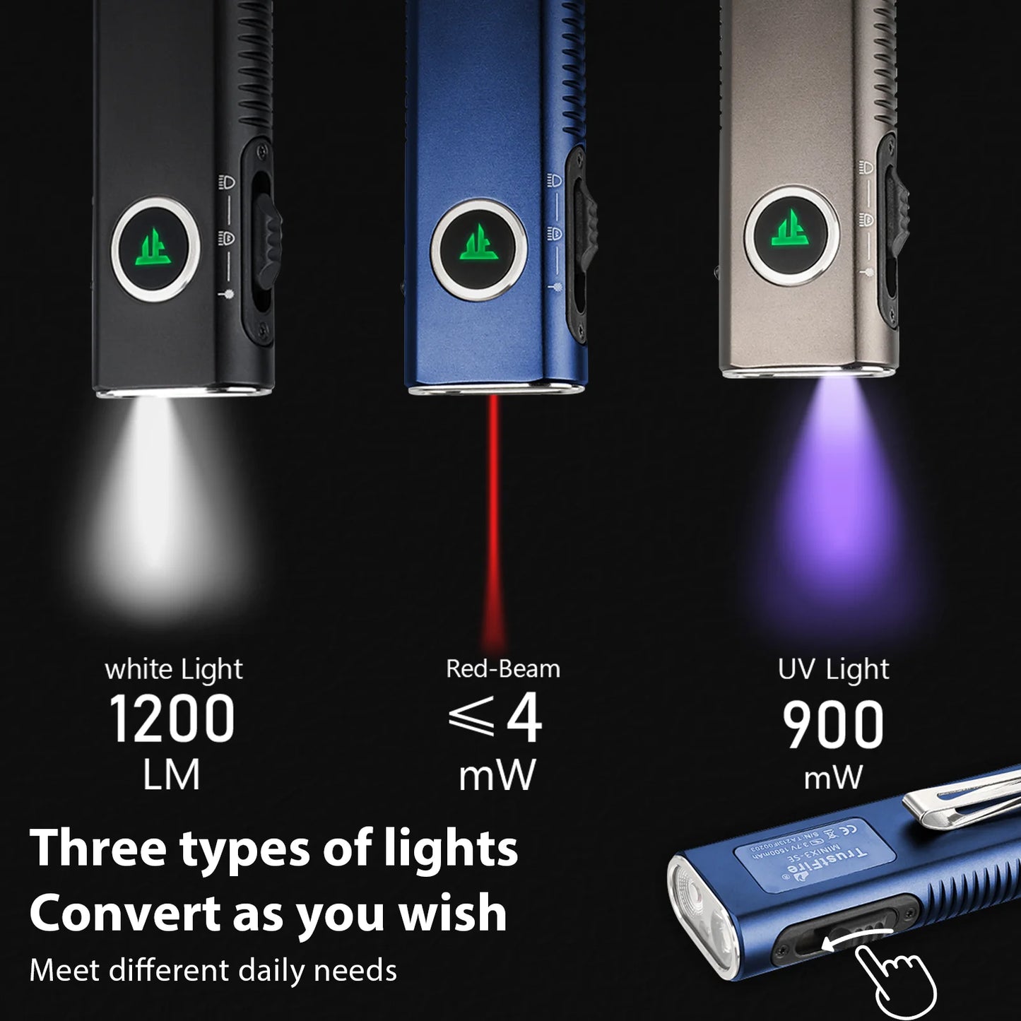 Trustfire MINIX3-SE 1200LM EDC Led Flashlight Rechargeable Torch with Clip UV Light Red Laser Lantern Magnetic tail for Camping