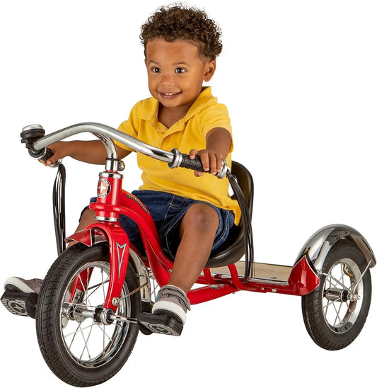 12 Inch Kids Tricycle for Ages 2-4, Low Center Gravity, Adjustable Seat, Retro Steel Frame with Rear Deck
