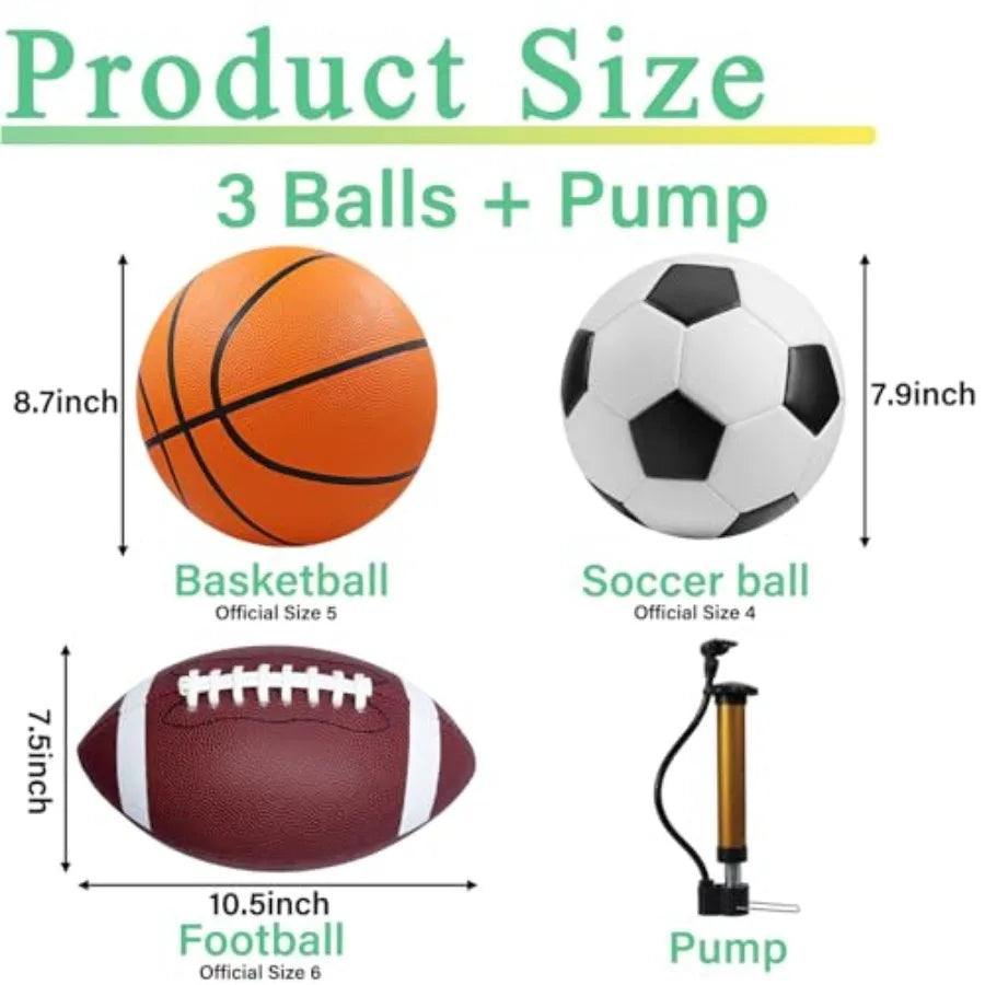 3-Piece Sports Balls Set Includes Size 5 Basketball Size 4 Soccer Ball Size 6 Football and Pump Sports Equipment Perfect Sports