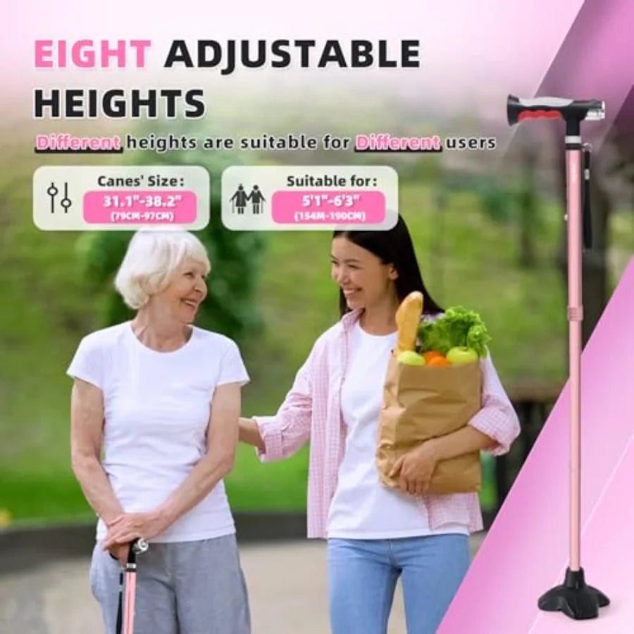 Folding Walking Cane with Two Led Lights for Elderly Solid Base Adjustable Walking Stick with Carrying Bag for Men Women