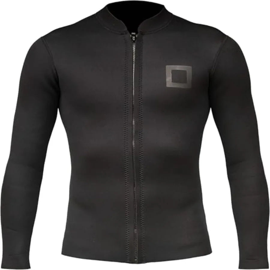 Men's wetsuit top jacket: 2mm/3mm neoprene, black, long sleeve with extended back flap for warmth, comfort, surfing, snorkeling