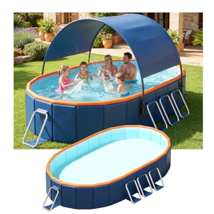 10FT Foldable Pool for Backyard Family Garden, Reinforced Steel Frame with UPF60+ Canopy, Blue and Gray, Easy Setup and Compact