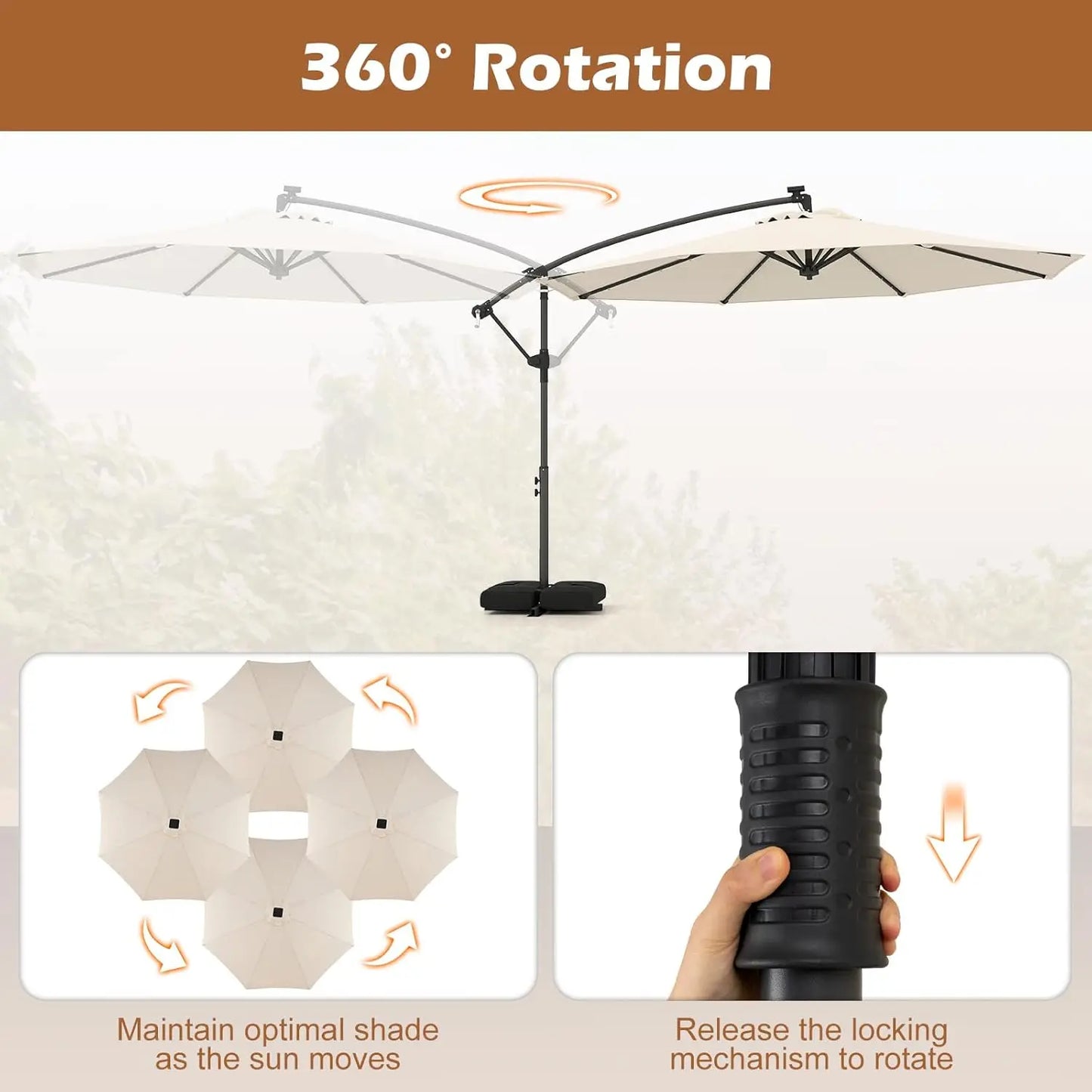 10ft Solar Patio Umbrella with Base Included, Offset Cantilever Outdoor Umbrella with 32 LED Lights, Infinite Tilt,  Customized