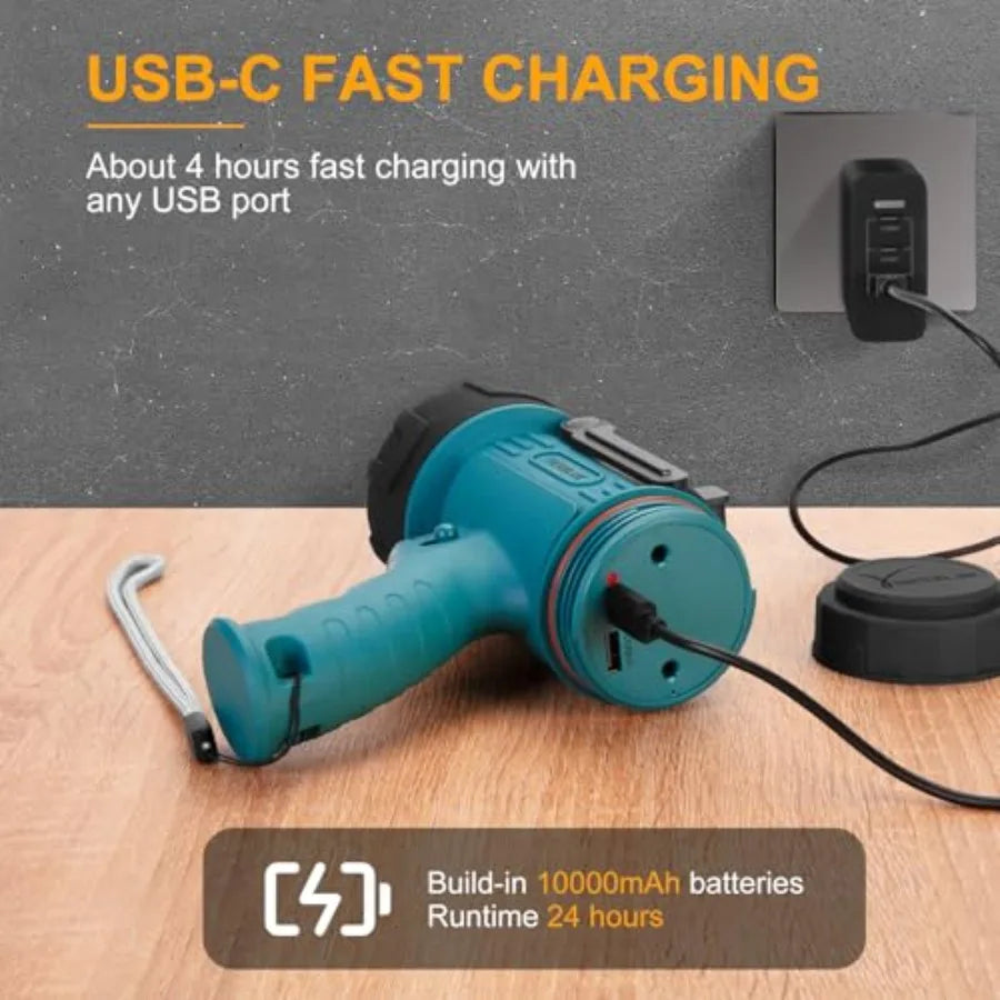 Rechargeable Spotlight Flashlight IP67 Waterproof with 1000, 000 Lumen LED, 12 Hours Long Running Spot Light, Impact Resistant
