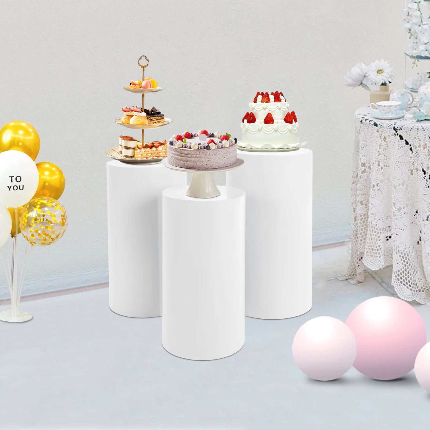 5/3Pcs Round Cylinder Pedestal Stand Freestanding Metal Cylinder Pedestal Wedding Birthday Party Cake Flower Display Pillars