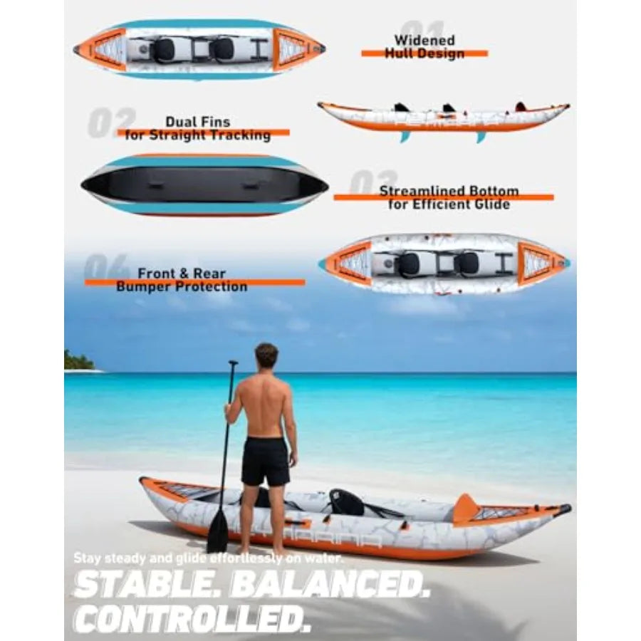 Tandem Fishing Kayak For Adults, Inflatable Portable Touring Canoe With Dual Floats, Drop-Stitch Floor And Fish Measuring Ruler
