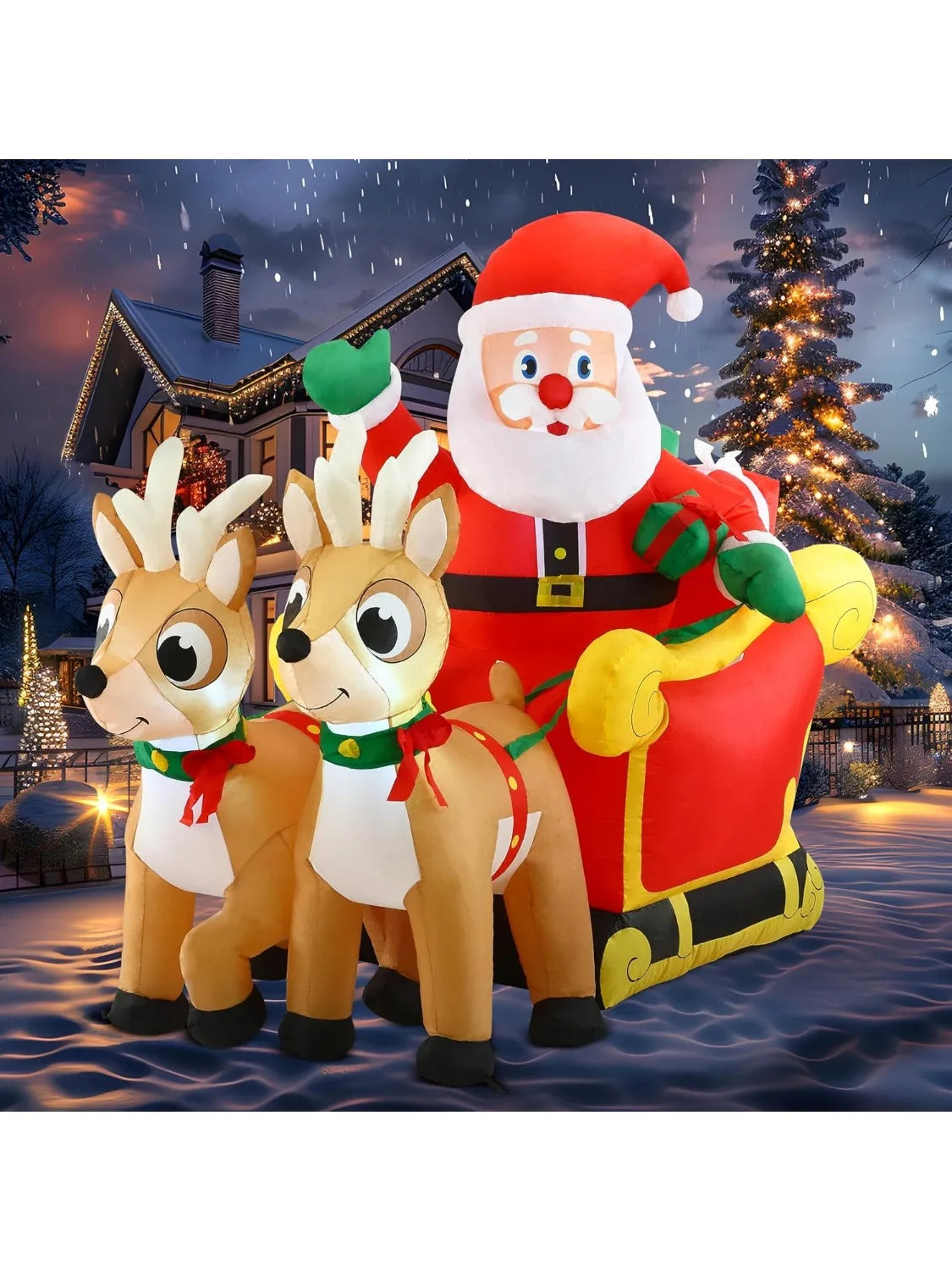 JOYFY 6 FT Long Christmas Santa on Sleigh with 2 Reindeer Inflatable Christmas with Build-in LED for Xmas Party Lawn Decorations