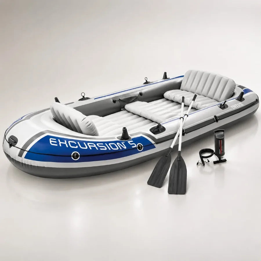Excursion Inflatable Fishing Boat River Raft Set With Oars For Outdoor Water Activities, PVC Material, Gray And Blue, Durable A
