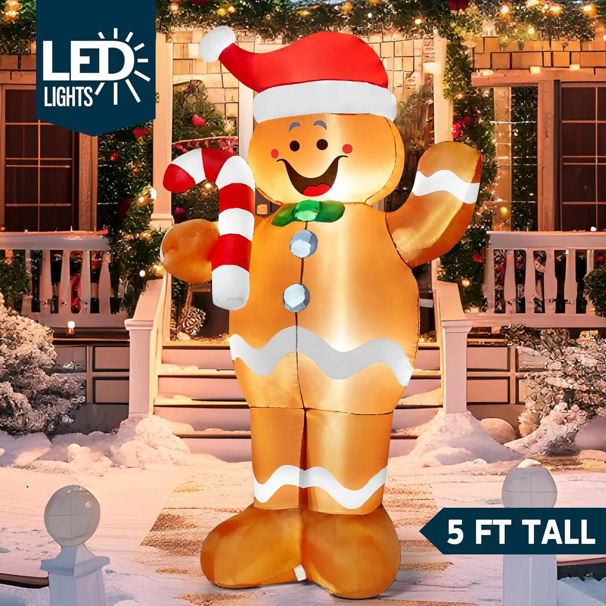 5 FT Christmas Gingerbread Man Inflatable Outdoor Decoration with Candy Canes for Xmas Outdoor Inflatables Decor