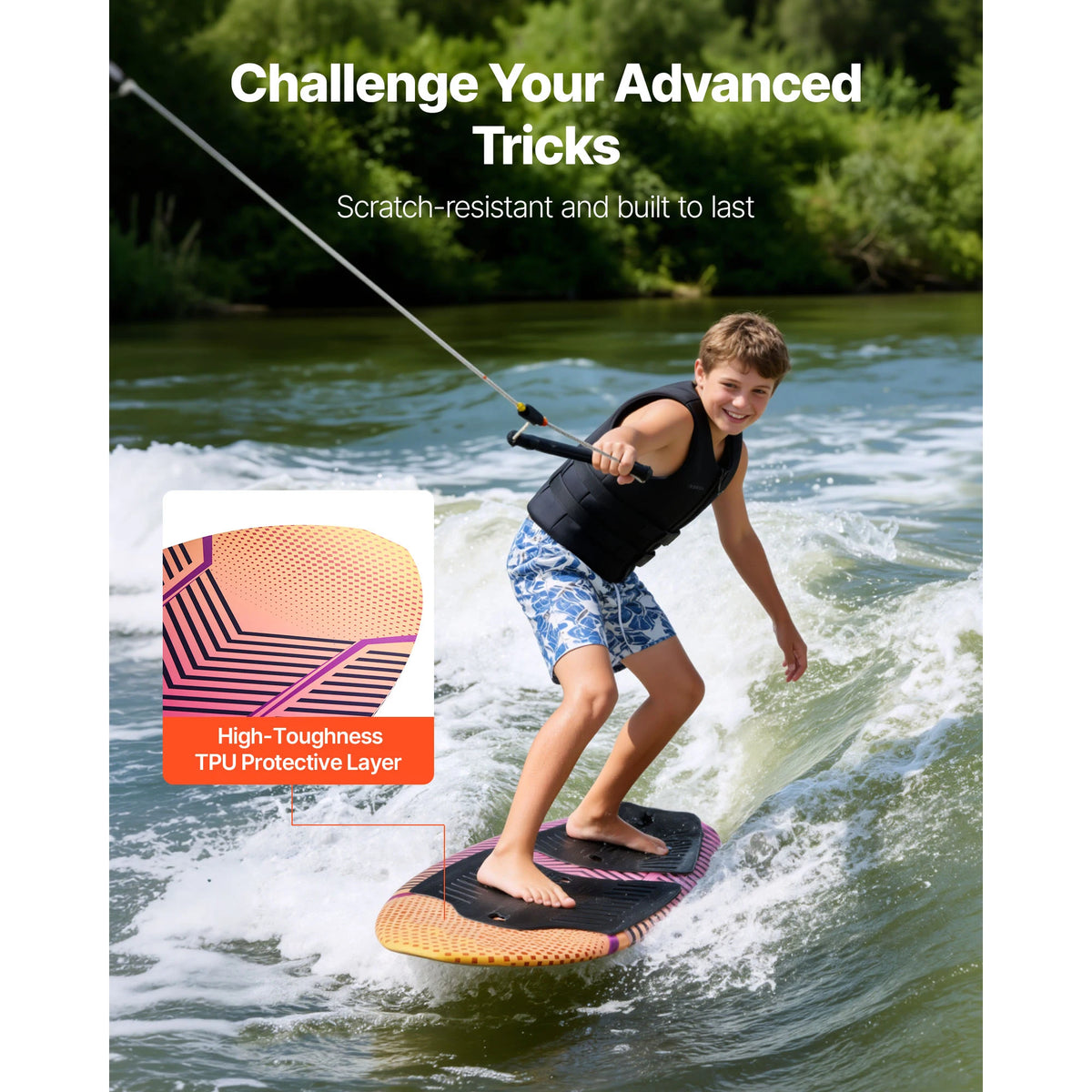 SucceBuy 45/63In Wakesurf Board Wake Surfing Board with EPS Foam Core & EVA Non-Slip Pad UV-Resistant for Youth Up to 110/250lbs