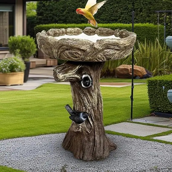 23” Tall Fibre Reinforced Concrete Birdbaths with Birds for Patio, Woodland Tree Trunk Decorative Outdoor Bird Bath