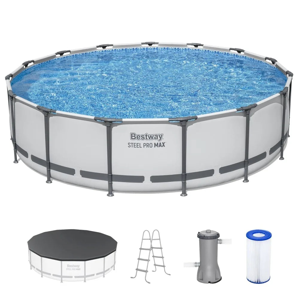 15' x 42" Above Ground Pool, Round Metal Frame Outdoor Swimming Pool Set with Filter Pump, Ladder, and, Custom