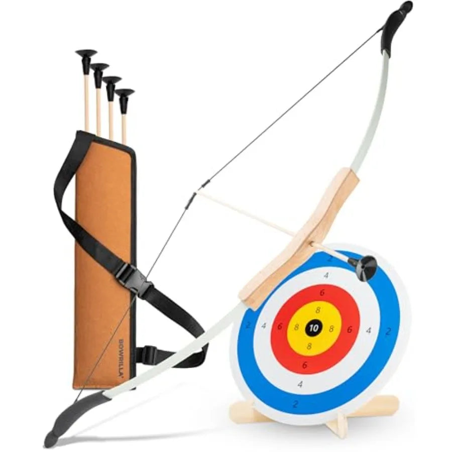 bow and arrow set for indoor outdoor use, made of durable plastic, blue and red, includes suction cup arrows and target for saf