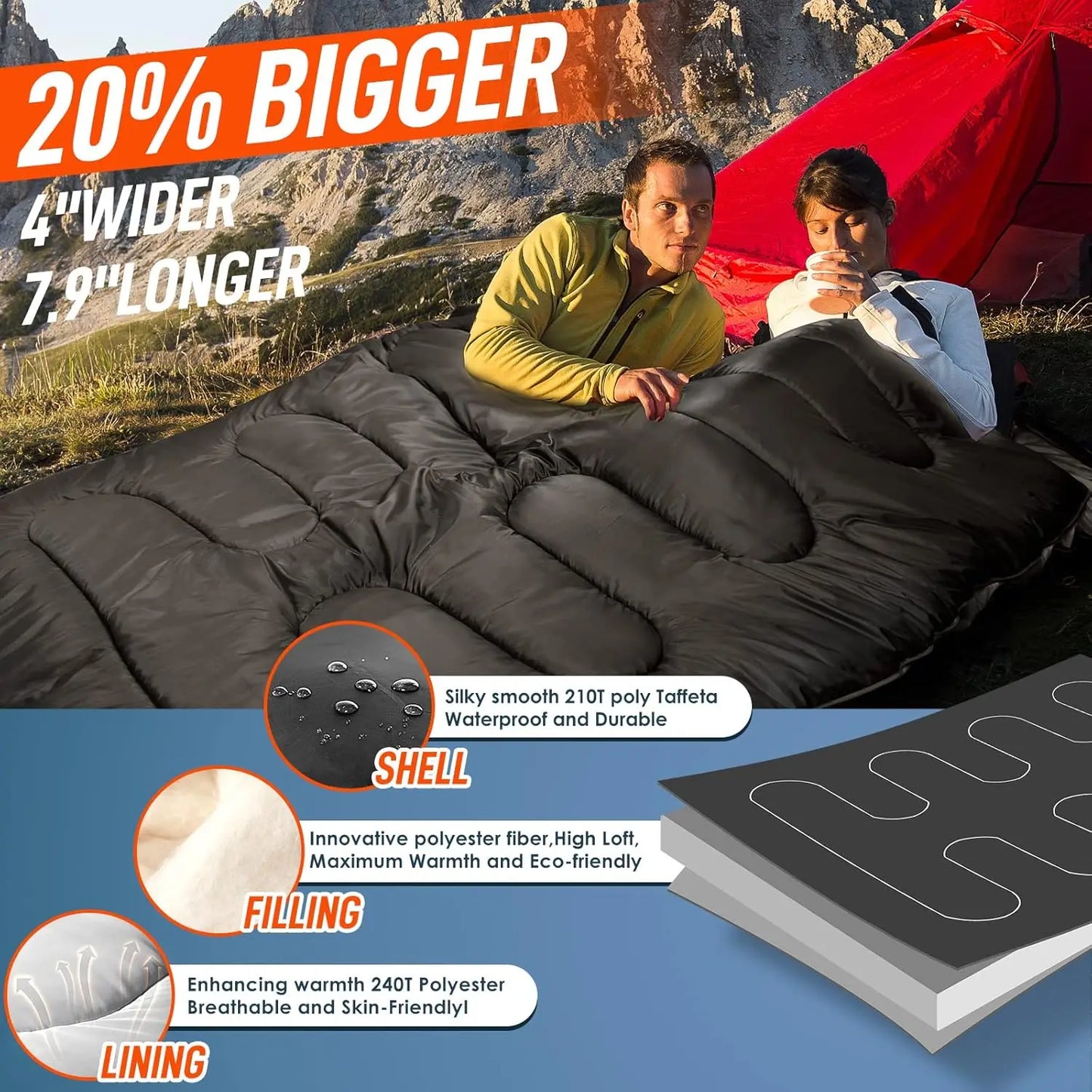 XL Queen Size Double Sleeping Bag with Pillow for Two Adults, All Season Camping Hiking Backpacking