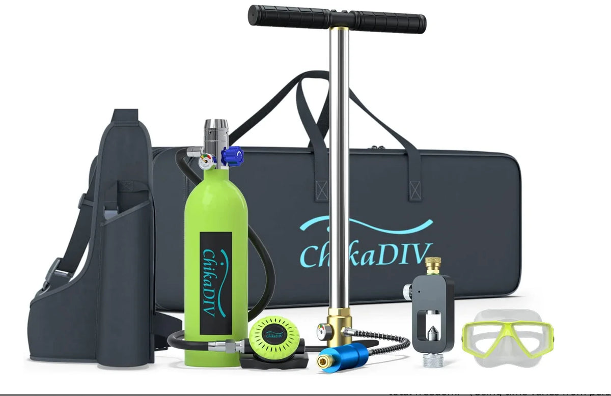 ChikaDIVE Portable Mini Scuba Diving Tank Set 1L Underwater Breathing Air Cylinder Dive Equipment with Manual Pump Diving Mask Storage Backpack for Snorkeling Underwater Diving Adventure Sport