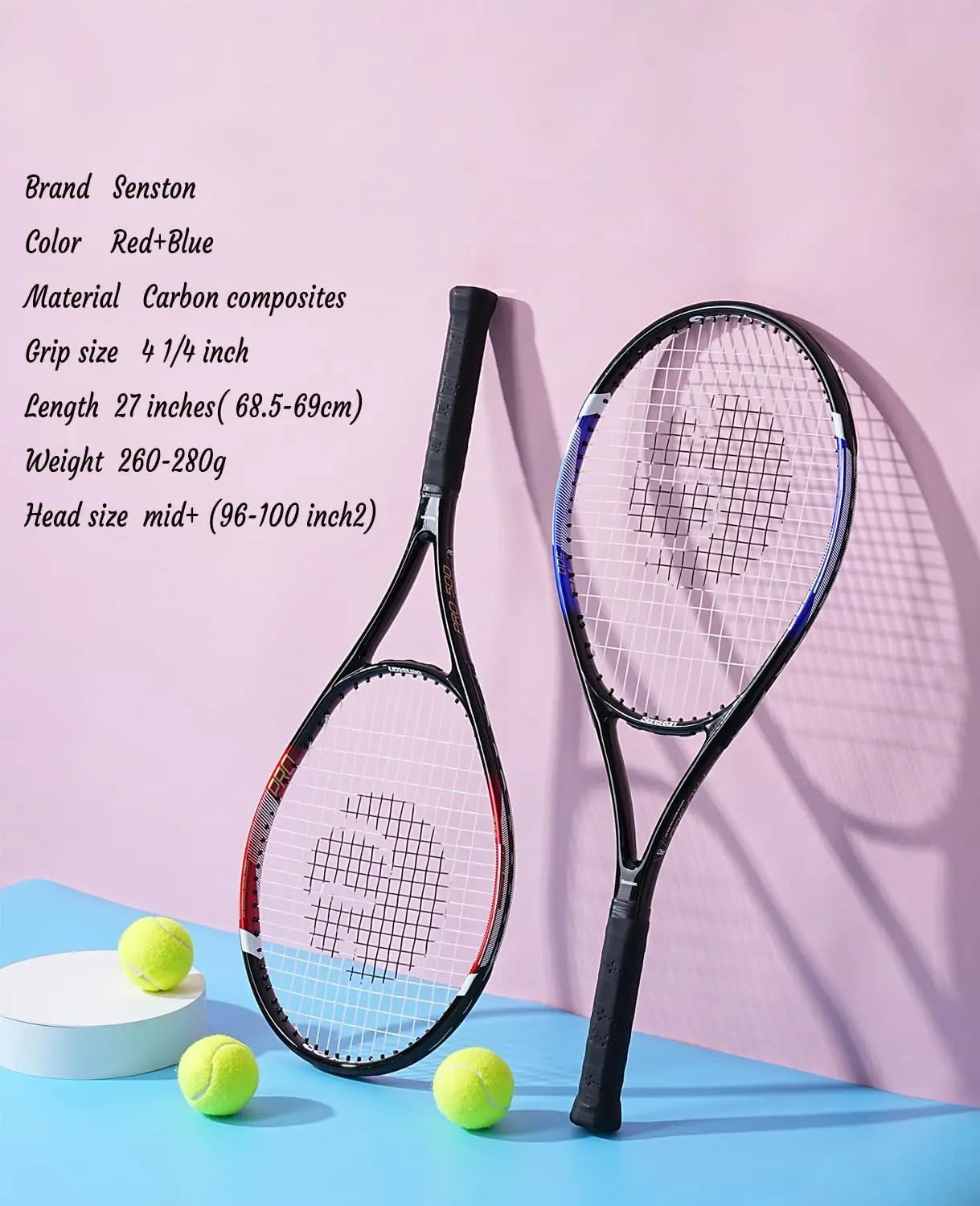 27 Inch Tennis Racket Set for Adults - 2 Player Kit with 3 Balls, Grips & Dampers