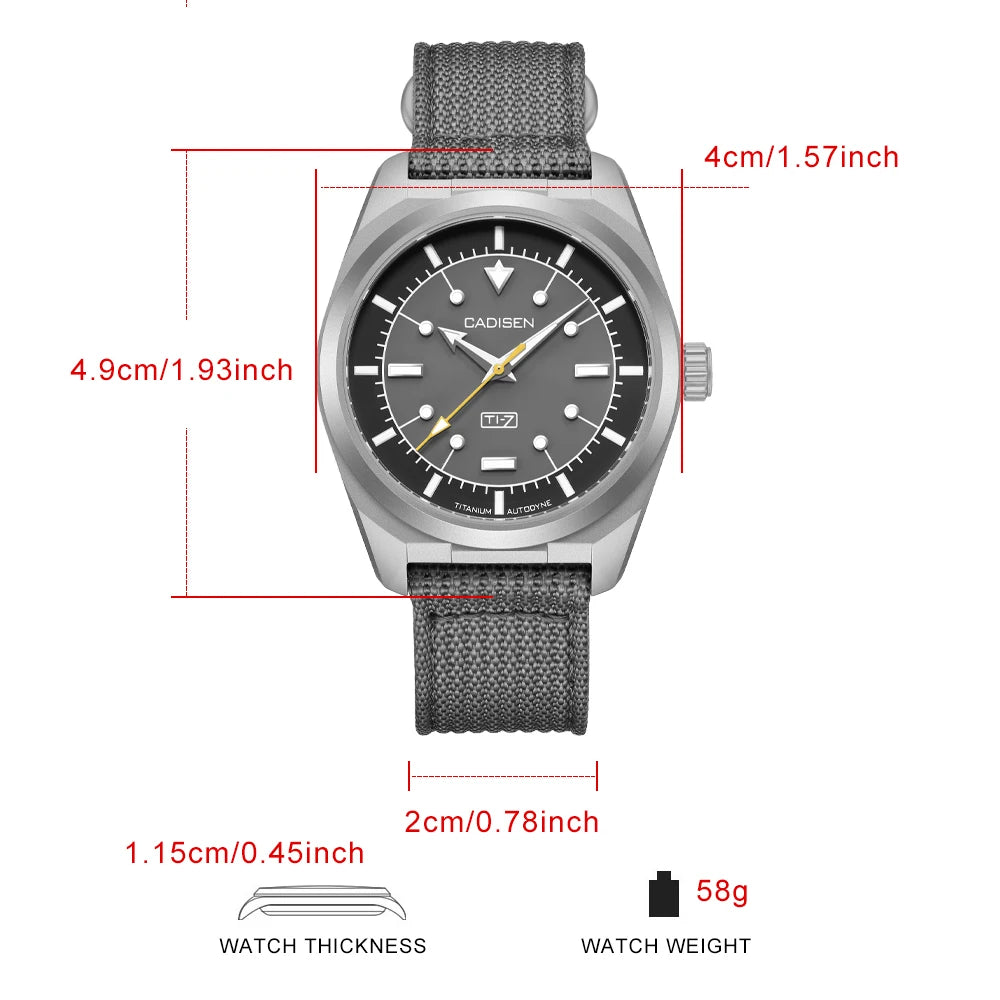 CADISEN TI-7 Autodyne Titanium Automatic Mechanical Watch Man Canvas Wristwatch MIYOTA 8215 Watches USA Warehouse Delivery
