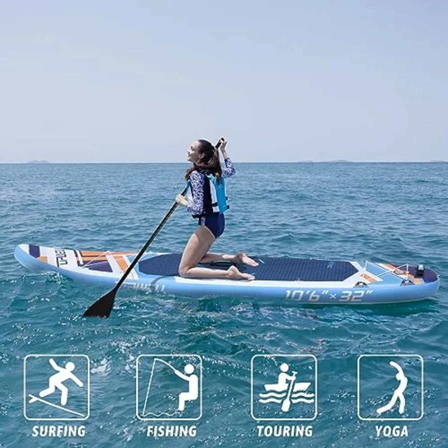 Inflatable Stand Up Paddle Board for outdoor water sports, durable PVC material, blue color, includes backpack, repair kit, non