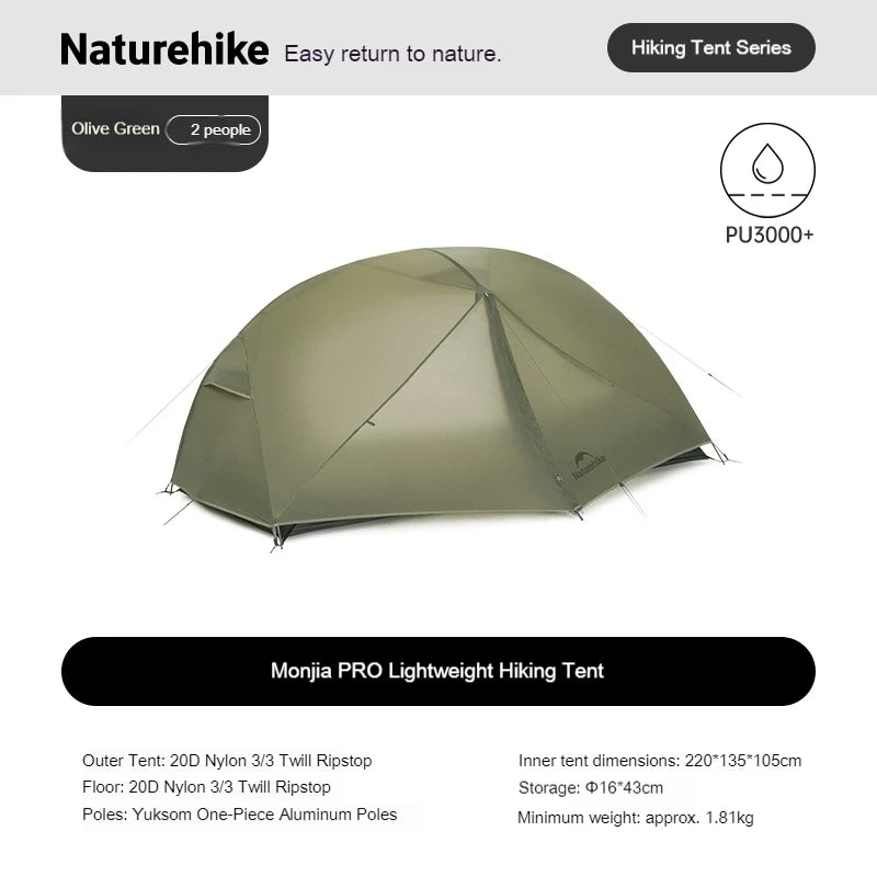 Naturehike Mongar Pro Camping Tent Travel 20D Nylon Tent 1/2/3Person Waterproof Backpacking 3 Season Ultralight Tent with Canopy