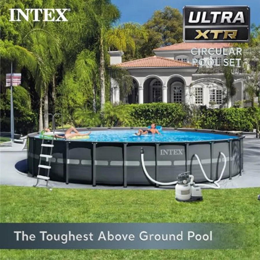 26ft x 52in Above Ground Swimming Pool Set with Sand Filter Pump Inflatable Lounge Recliners 2-Pack and Beverage Cooler in Blue
