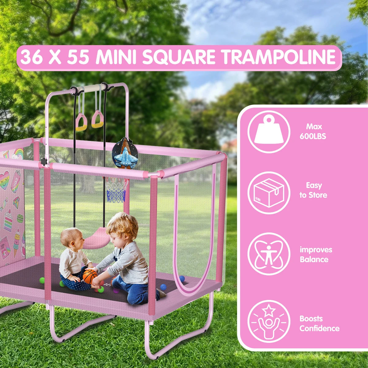 Indoor Kids Trampoline with Safety Enclosure - 6-Leg Steel Frame, UV-Resistant Mat & Rings for Toddlers