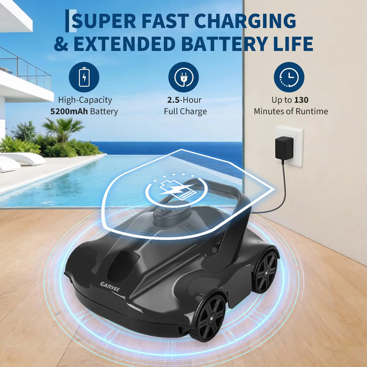 Automatic Cordless Pool Vacuum Robot, 130-Min Runtime, Self-Parking Cleaner For Above-Ground Pools Up To 860 Sq Ft