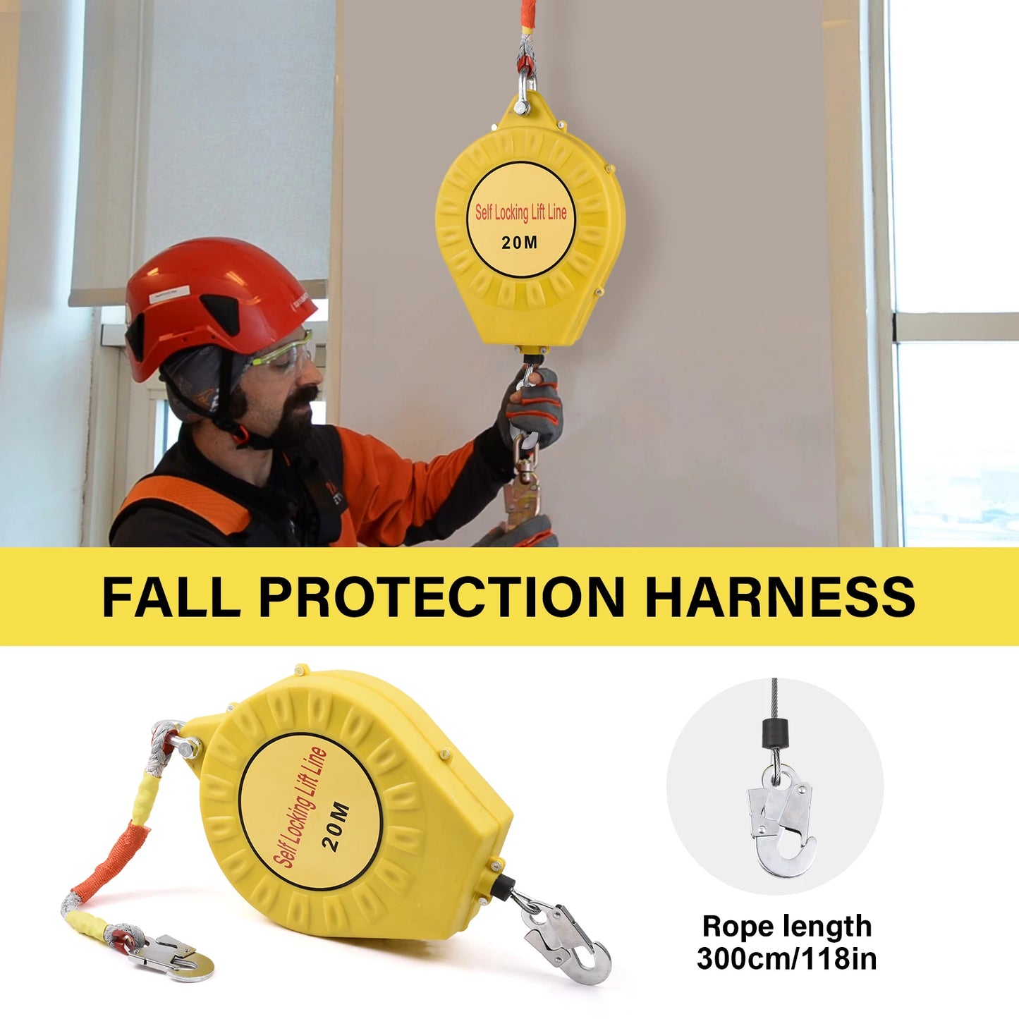 Automatic Retractable Lifeline 65ft/20m, 330lbs Load Fall Protection with Alloy Steel Hook and Nylon Rope for Climbing Safety