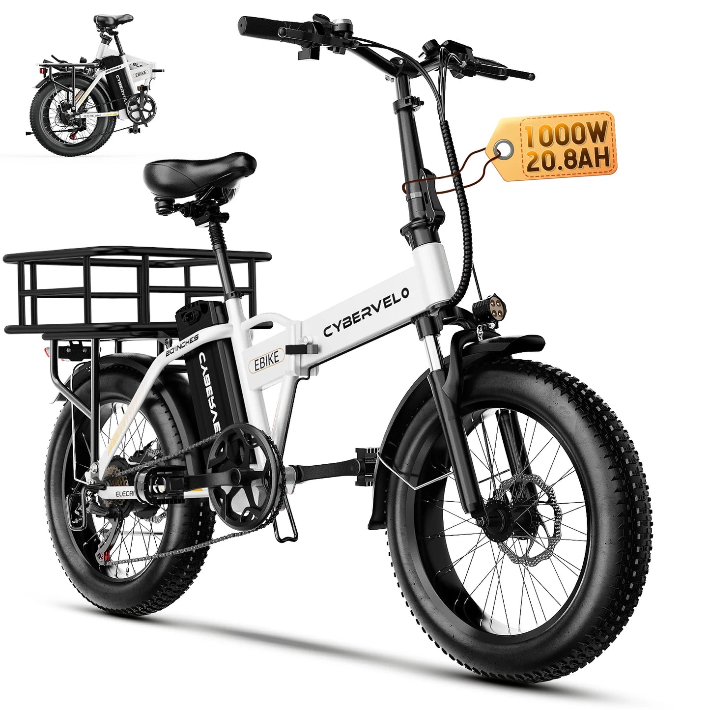 1000W Electric Bike for Adults Cybervelo EK4 Folding 48V 20Ah 30+MPH 80Miles 20" Fat Tire 7-Speed Off Road E-bike