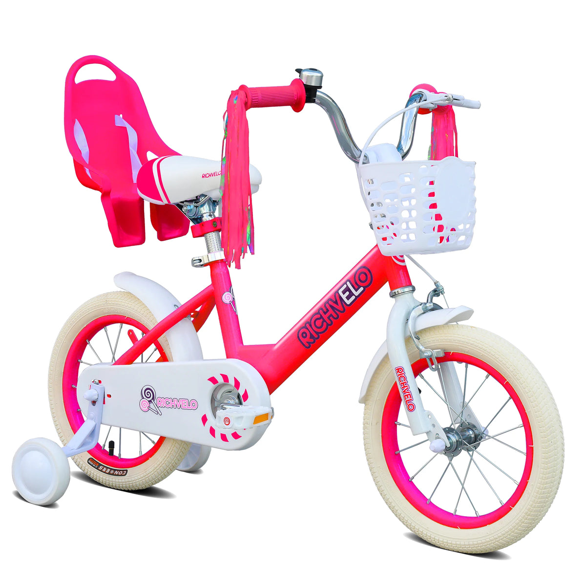Ye A1202 Kids Bike for Girls 12/14/16 Inch, with Training Wheels, Adjustable Seat, Front Basket, Doll Seat & Colorful Streamers, Toddler Bicycle for 2 - 7 Years Old, Pink Birthday Gift