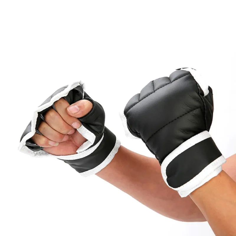 1Pair Black Half Finger Boxing Gloves PU Leather Fighting Kick Boxing Gloves Karate Muay Thai Training Workout Gloves Kids 2042