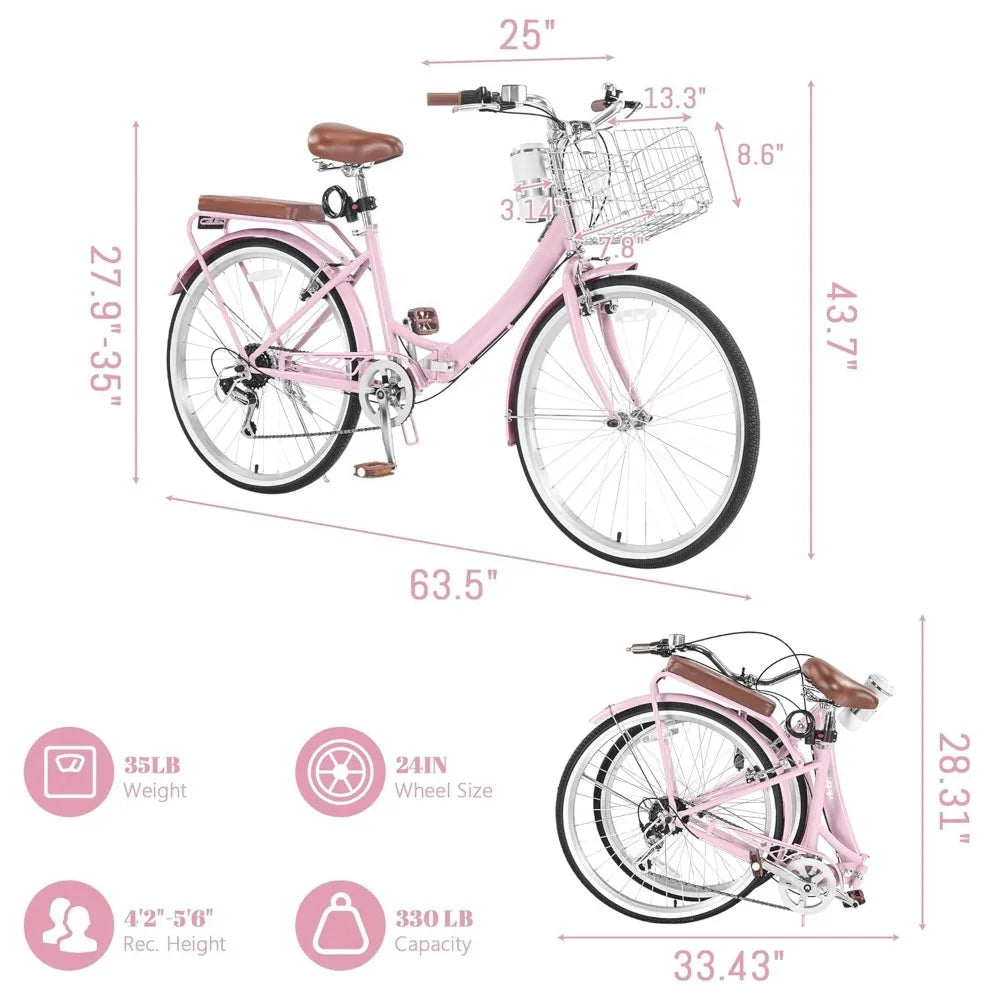 Beach Cruiser Bike for Women Folding Bikes, 7-Speed Womens Bike with Basket and Coffee Cup, Customized
