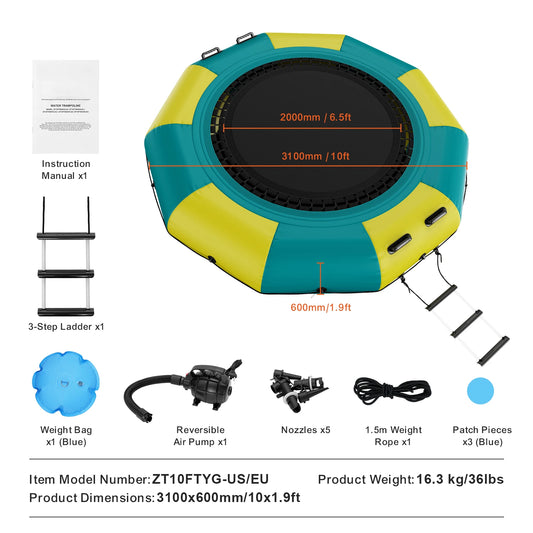 VEVOR Inflatable Water Bouncer 10ft Recreational Water Trampoline Portable Bounce Swim Platform Kids Adults Floating Rebounder