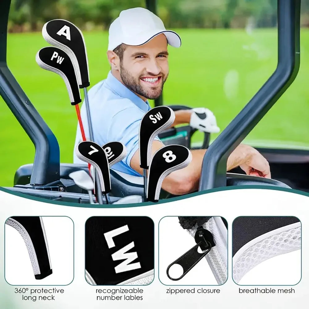 Complete Golf Club Protection Set – 12 Neoprene Covers with Number Print Zippered Driver Head & Long Neck for All Irons