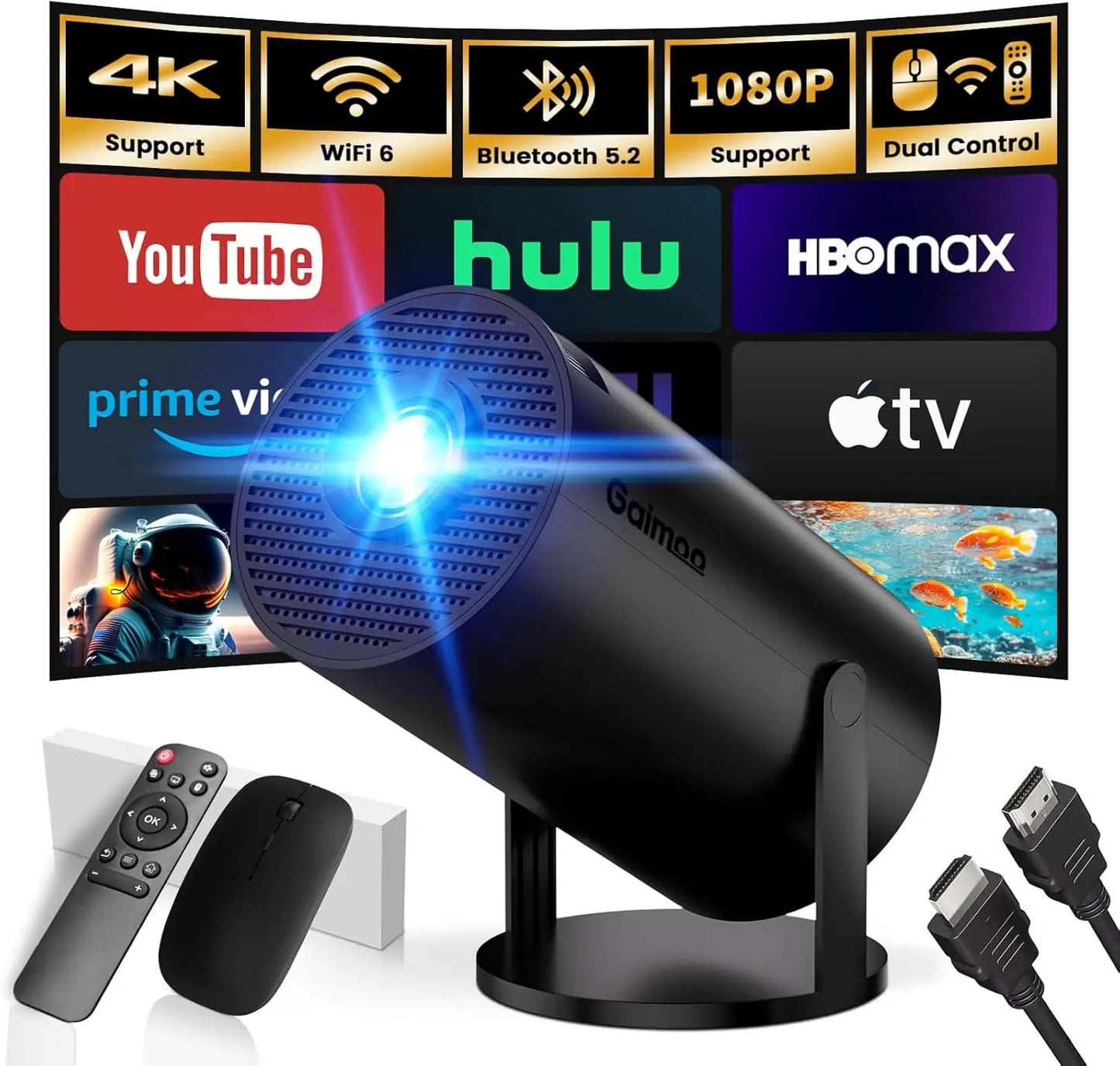 Smart WiFi Bluetooth Projector, 4K FHD Support, Auto Keystone, Compatible with HDMI/Laptop/TV Stick