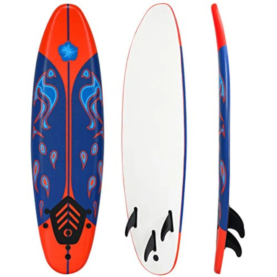 6' Surfboard for Beach and Ocean Surfing Foam Body with Removable Fins Blue and White Lightweight and Stable Beginner Board for