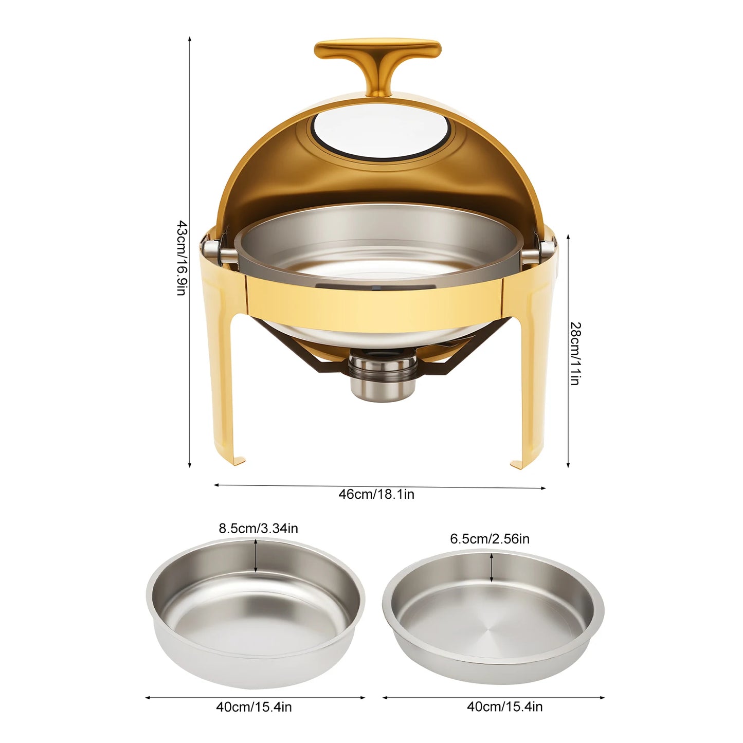 Single Compartment Buffet Chafing Dish, Gold, Round Buffet Warmer with Glass Lid, Food Warmer for Catering, Party