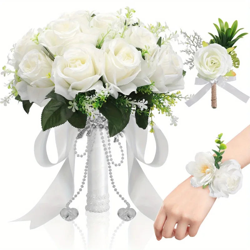 3Pcs Bridal Bridesmaid Wedding Bouque Artificial White Silk Rose,Mariage Bouquet,Wedding Accessories,Boutonnieres,Wrist Corsage