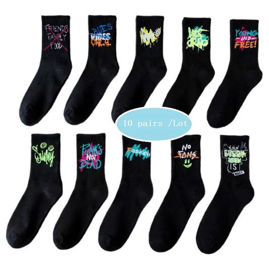 10 pairs Women Men Socks Cotton Anime Devil Grimace Harajuku Black White Graffiti Fashion Long Funny medias Hip Hop Sox
