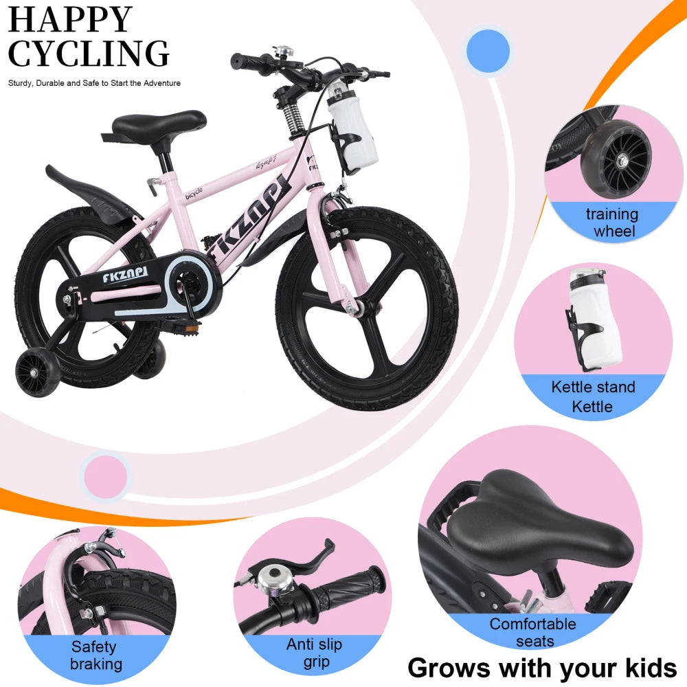 Ye FKZNPJ 16-Inch Kids Bike - High Carbon Steel Frame, Magnesium Alloy Wheels, Night Glow Training Wheels, Adjustable Seat, Water Bottle - Bicycle for Girls & Boys Ages 3 - 9, Toddler Bike