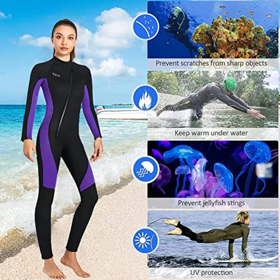 Wet Suits for Women Men Full Body 3MM Neoprene Wetsuit in Black/Blue, Cold Water Diving Suit with Long Sleeves Front Zip, Therm