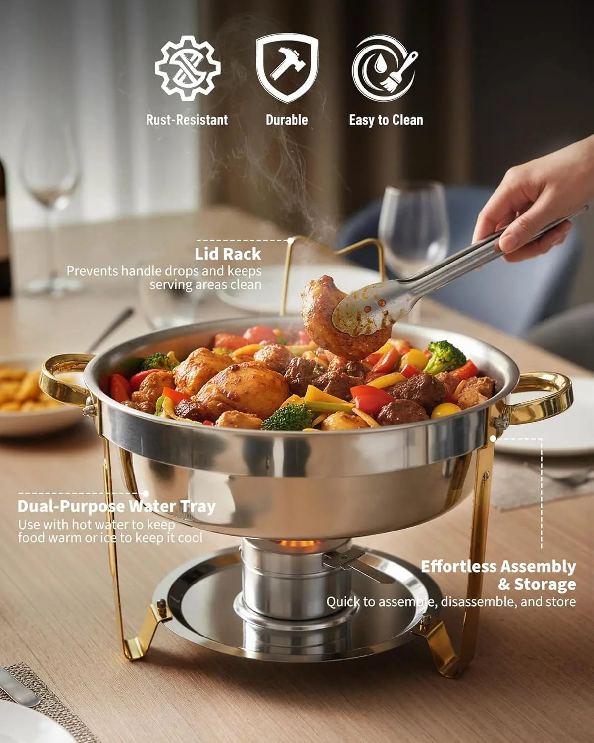 2/4-Pack Round Chafing Dish Food Warmer Stainless Steel Buffet Server with Transparent Lid Fuel Holder Gold Chafer for Wedding
