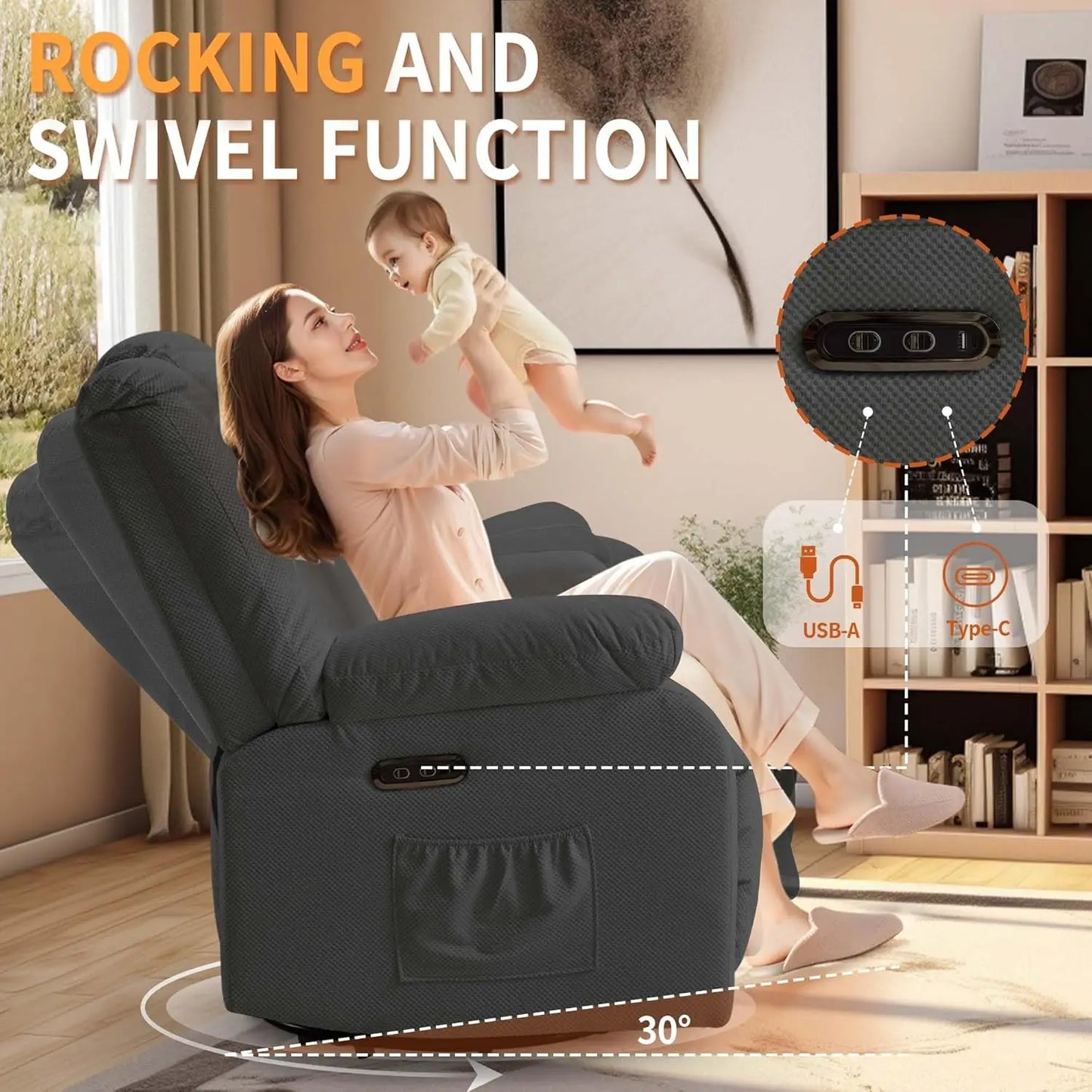 Oversized Power Recliner Chair,Electric Glider Reclining with Massage and Heating,Waffle Fabric Rocker Recliner with Side Pocket