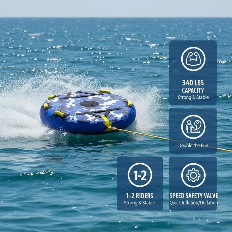 Inflatable Water Sled 51.8" For Lake River Ocean, 1-2 Person Capacity 340lbs Load Round Heavy Duty Nylon Cover EVA Foam Handles Speed Safety Valve